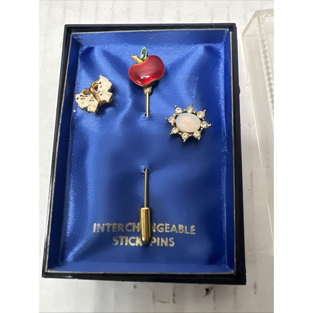 Vintage Interchangeable Stick Pin Set In Original Box Apple Butterfly Opal